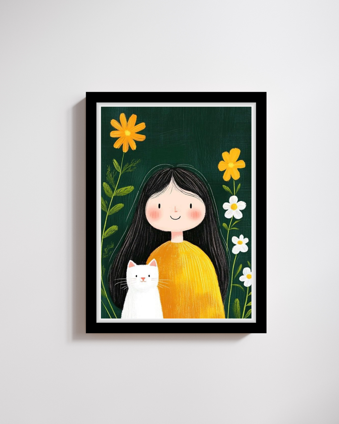 Girl and White Cat in Garden