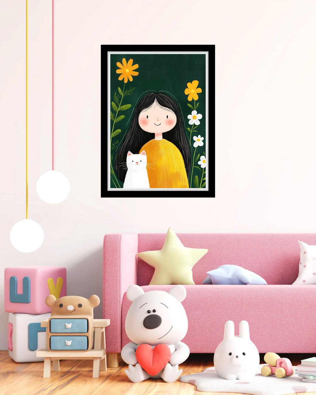 Girl and White Cat in Garden